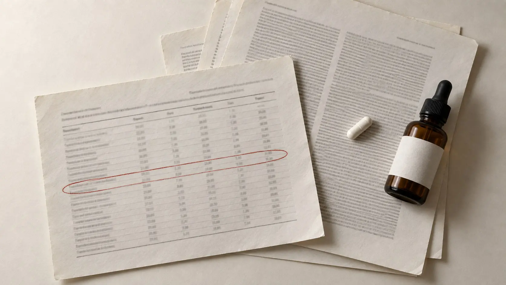 A printed results table with one row circled in red pencil, beside a white capsule and an unbranded amber dropper bottle.