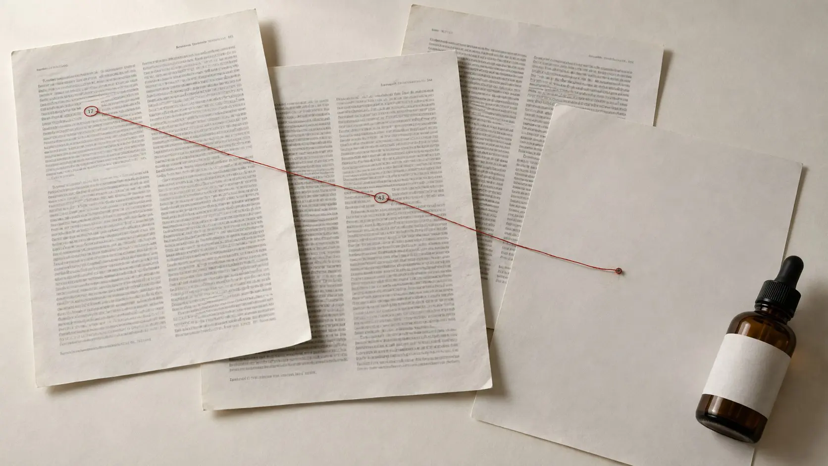 Overlapping photocopied journal pages with two hand-circled figures joined by a red thread, the thread ending on a blank page, beside an unlabelled amber dropper bottle