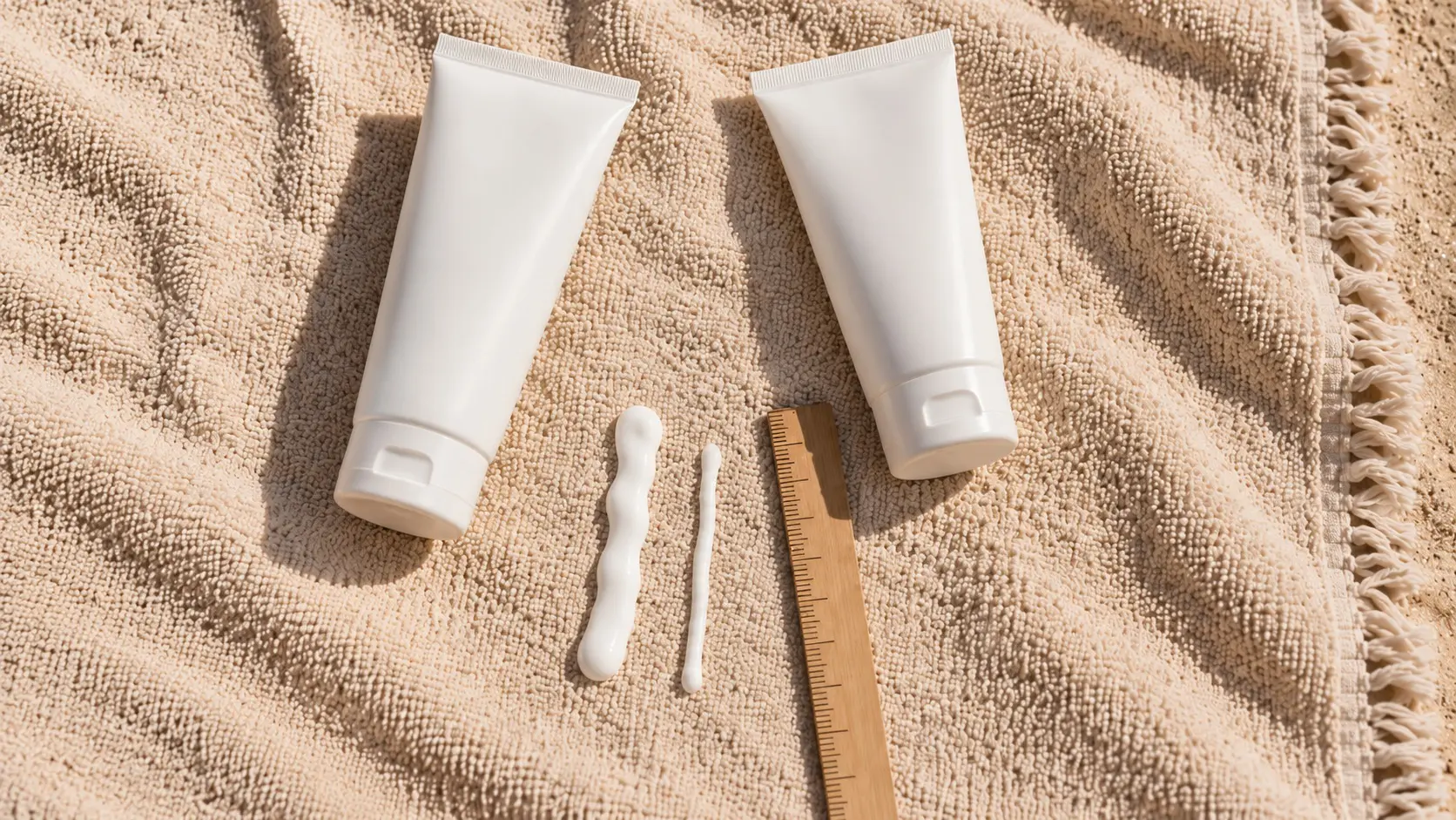 Two plain white unbranded sunscreen tubes on a sand-coloured beach towel in strong sun, with one thick line and one thin line of white cream squeezed beside a wooden ruler