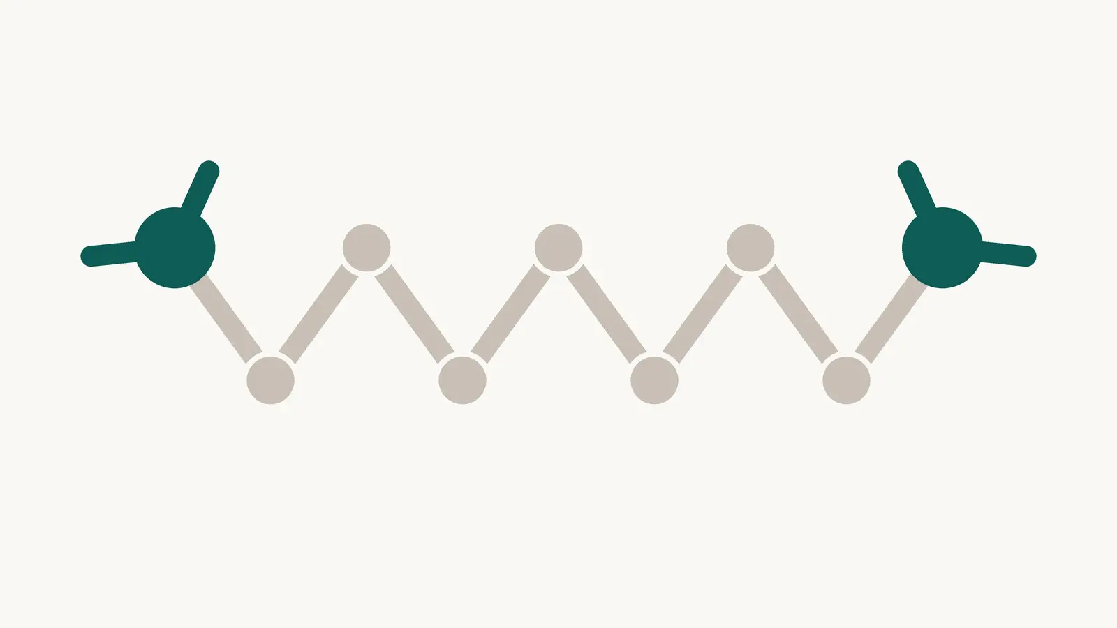 An abstract zigzag chain of nine gray circles, with the circle at each end larger, dark teal and forked.