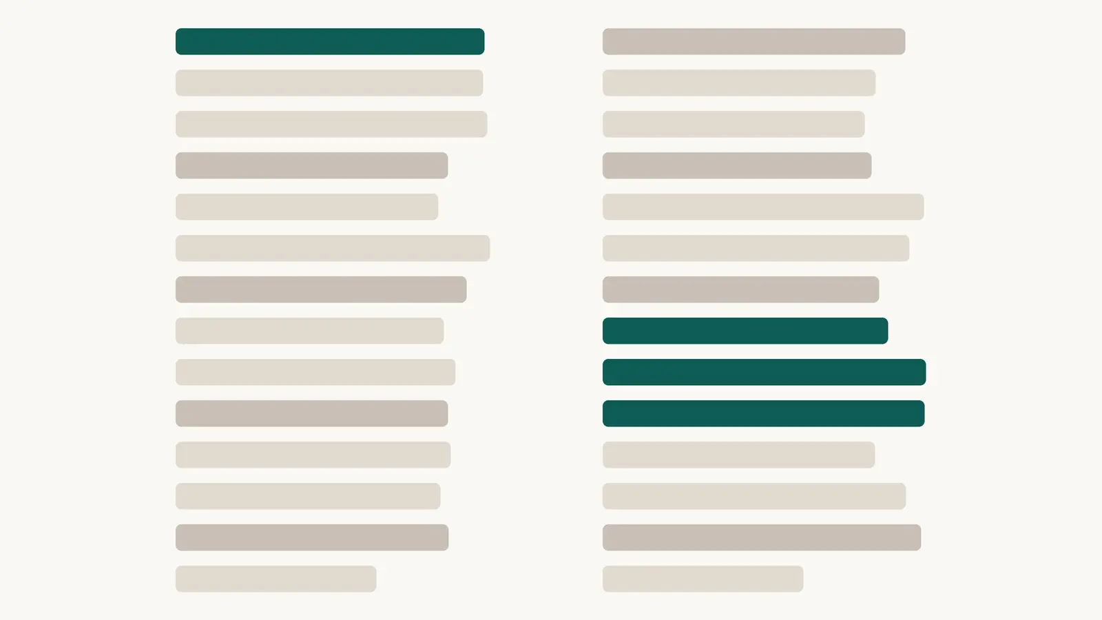Two columns of horizontal bars representing ingredient lists, with the top bar of the left column and three middle bars of the right column picked out in a dark teal.