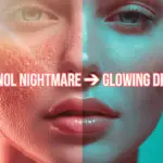 Split image of a woman’s face showing rough, irritated skin on the left and smooth, glowing skin on the right, overlaid with “Retinol Nightmare ⇒ Glowing Dream” text and a caution icon.