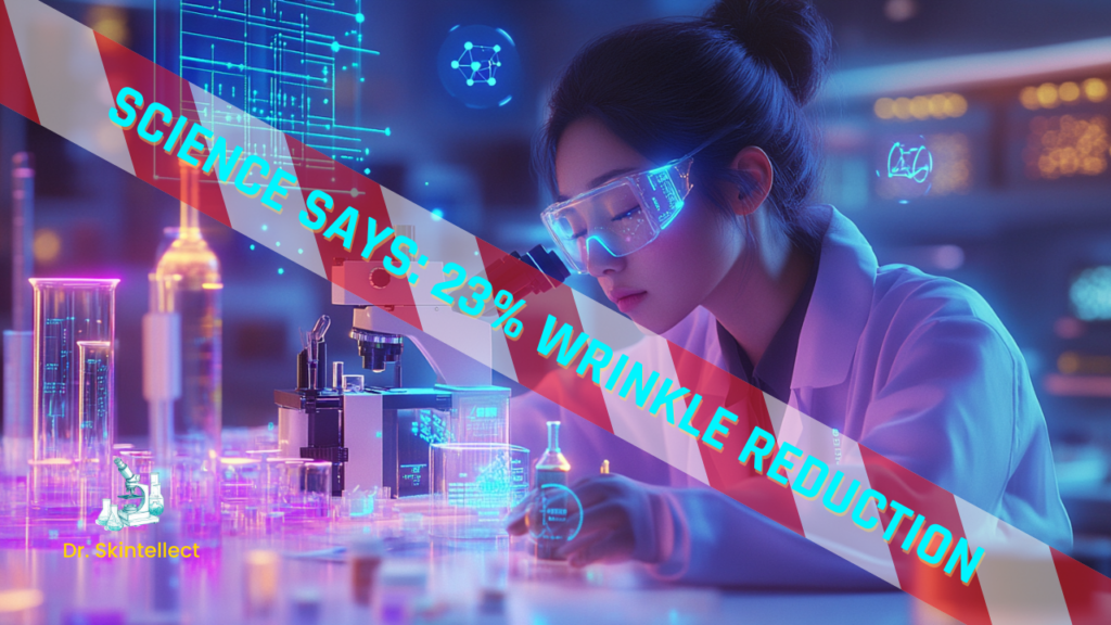 Female scientist in a futuristic lab examining retinol serum, overlaid with ‘Science Says: 23% Wrinkle Reduction’ for Dr. Skintellect.