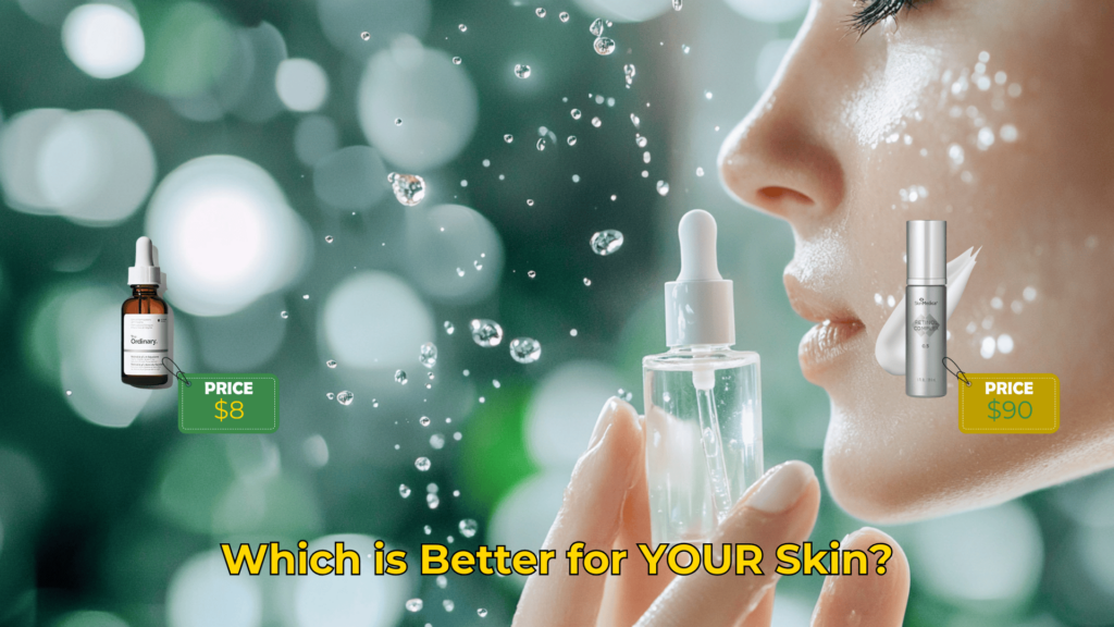 Hand applying serum to cheek, split-screen showing The Ordinary and SkinMedica bottles, droplets suspended in air
